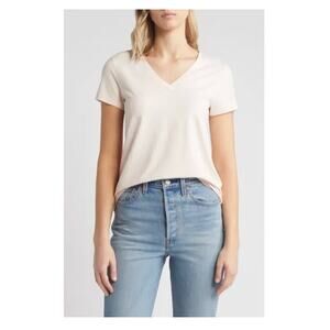 Caslon® Stretch Cotton Blend V-Neck T-Shirt  Pink Peony Bud M